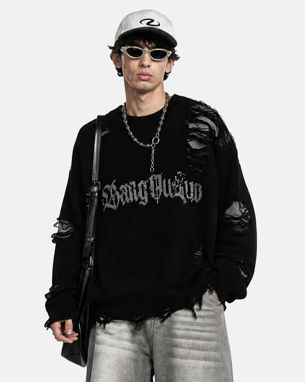 Omygoods Distressed Gothic Graphic Knit Sweater
