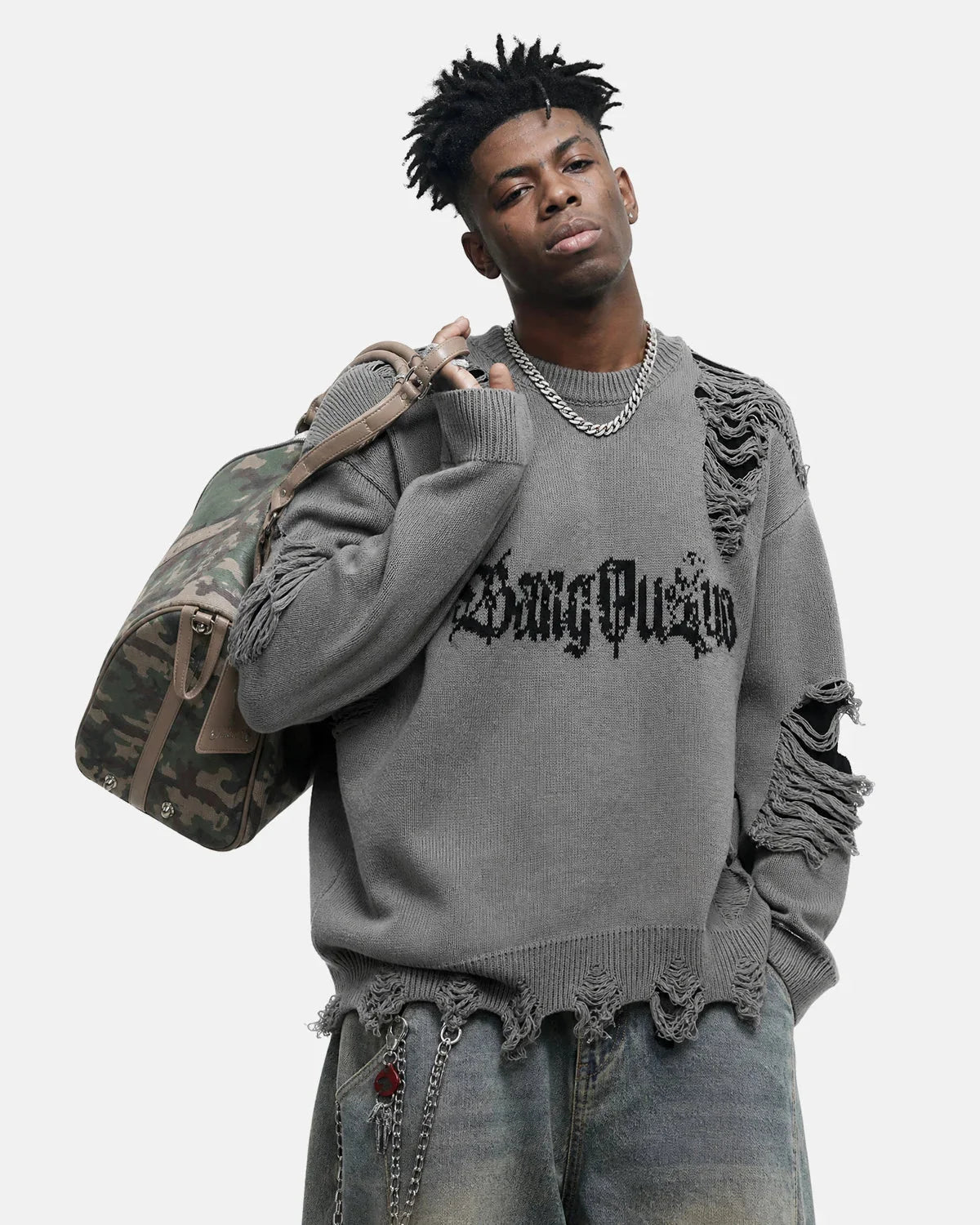 Omygoods Distressed Gothic Graphic Knit Sweater