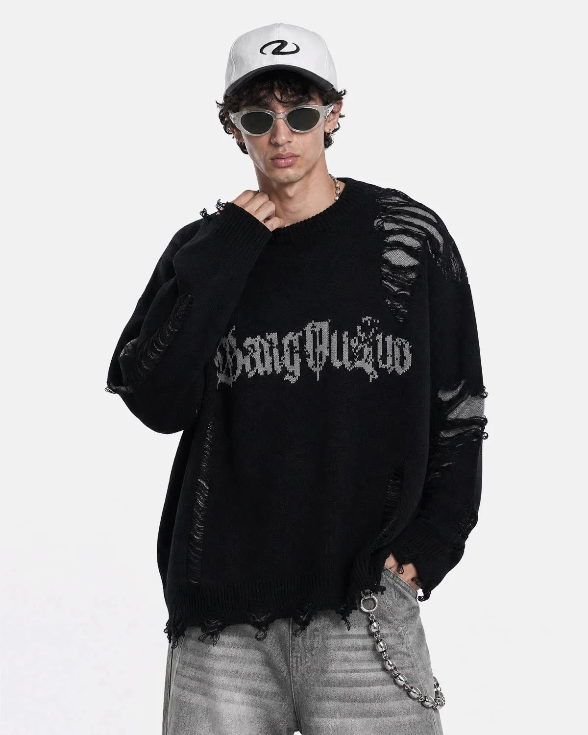 Omygoods Distressed Gothic Graphic Knit Sweater