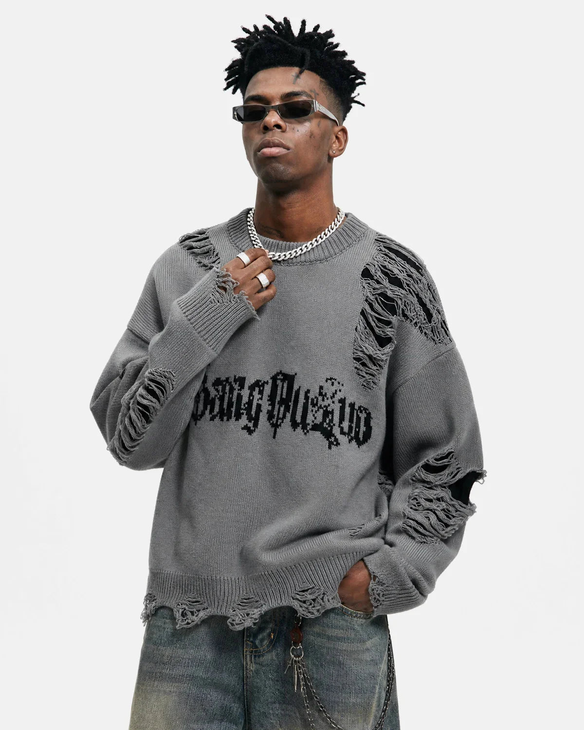 Omygoods Distressed Gothic Graphic Knit Sweater