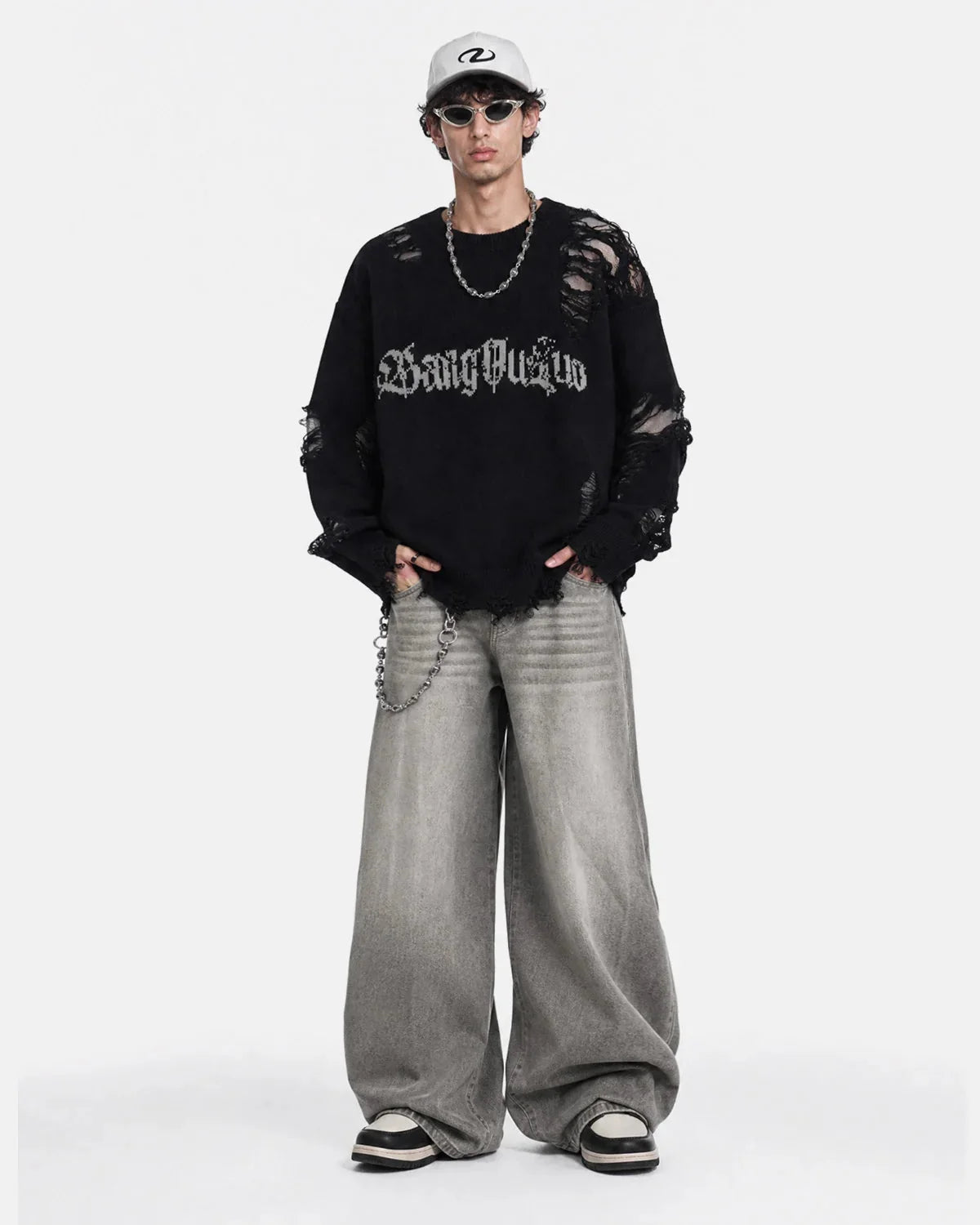 Omygoods Distressed Gothic Graphic Knit Sweater