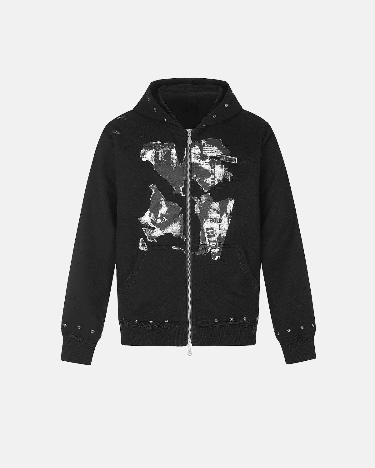 Omygoods Distressed Graphic Rivet Zip Up Hoodie