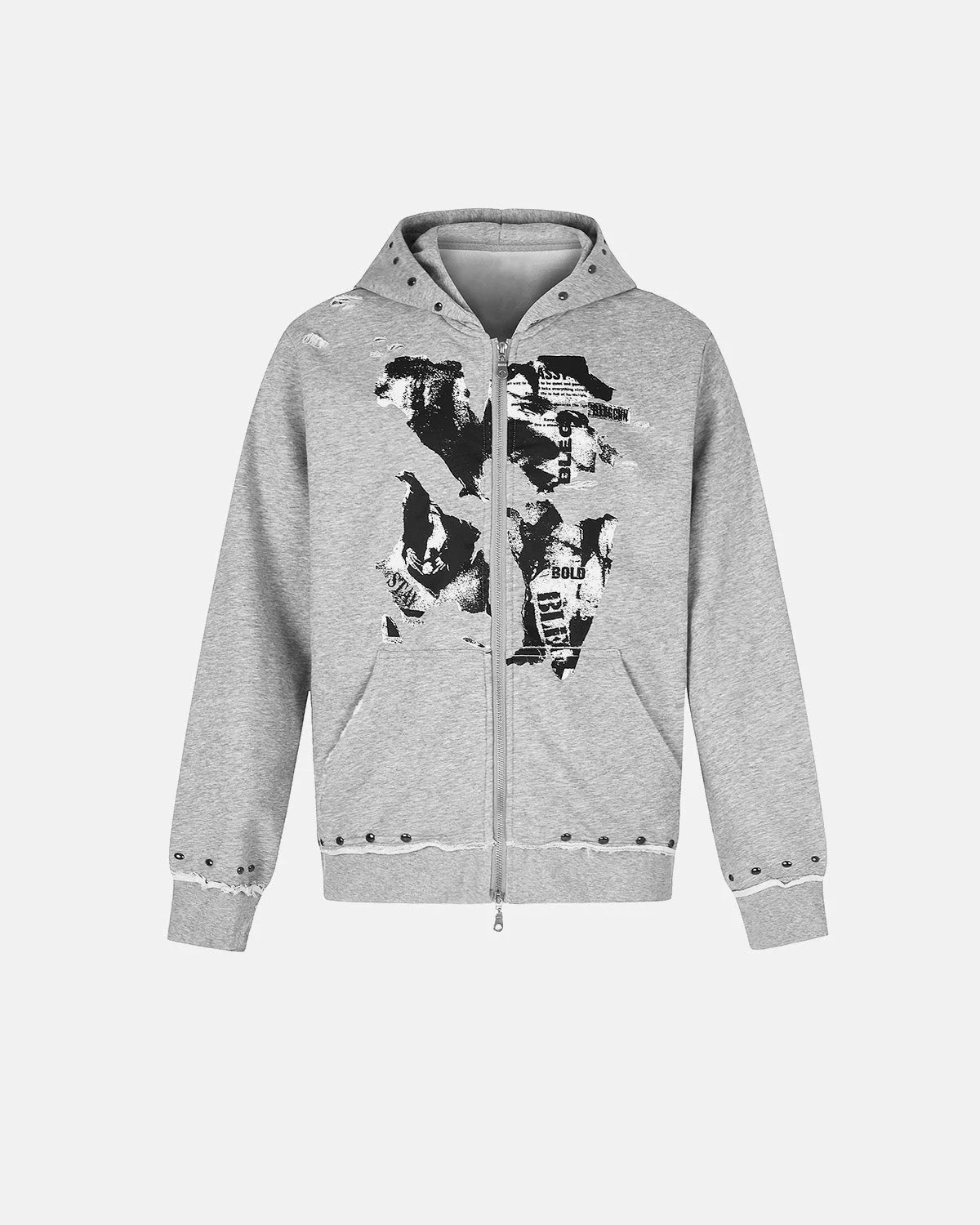 Omygoods Distressed Graphic Rivet Zip Up Hoodie