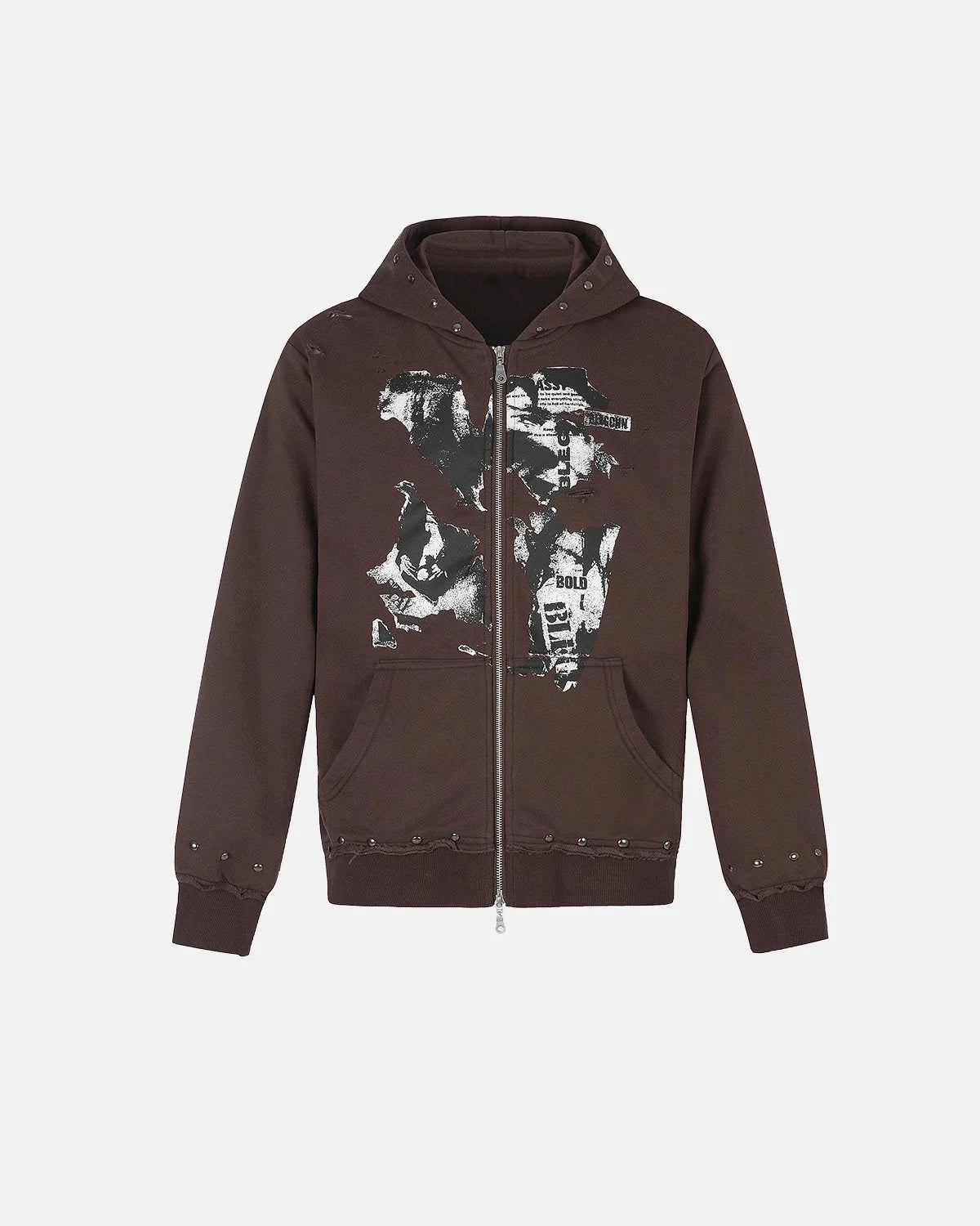 Omygoods Distressed Graphic Rivet Zip Up Hoodie