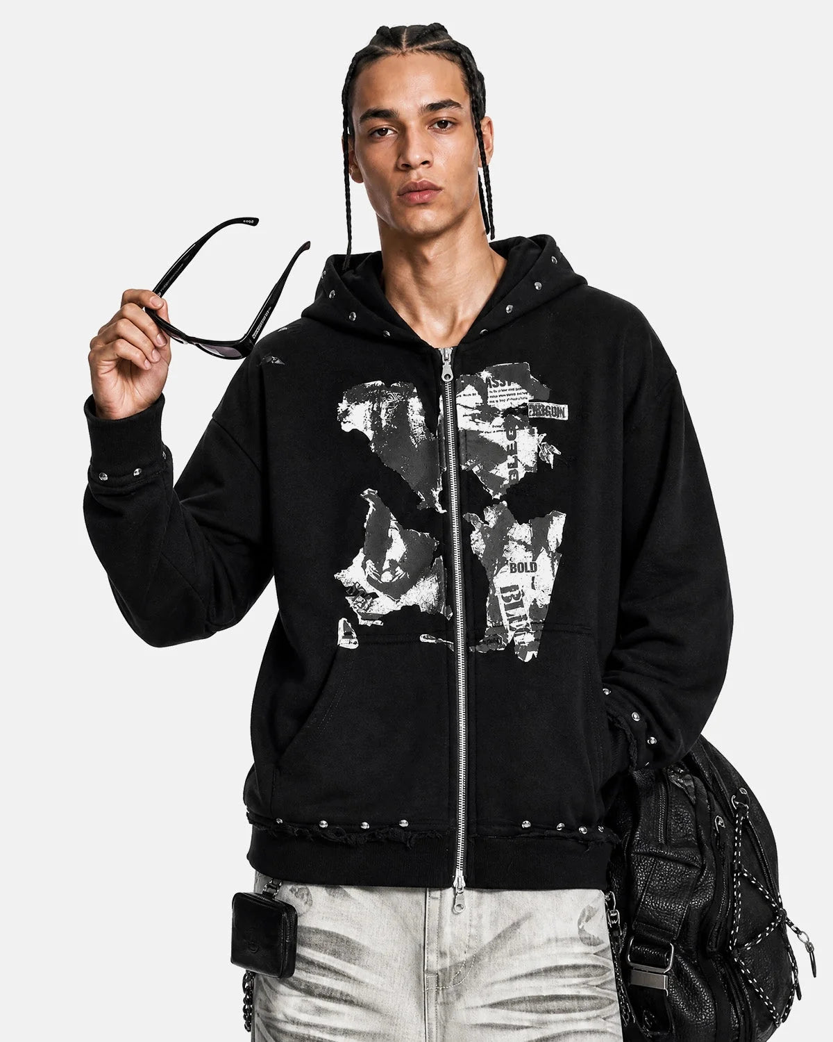 Omygoods Distressed Graphic Rivet Zip Up Hoodie