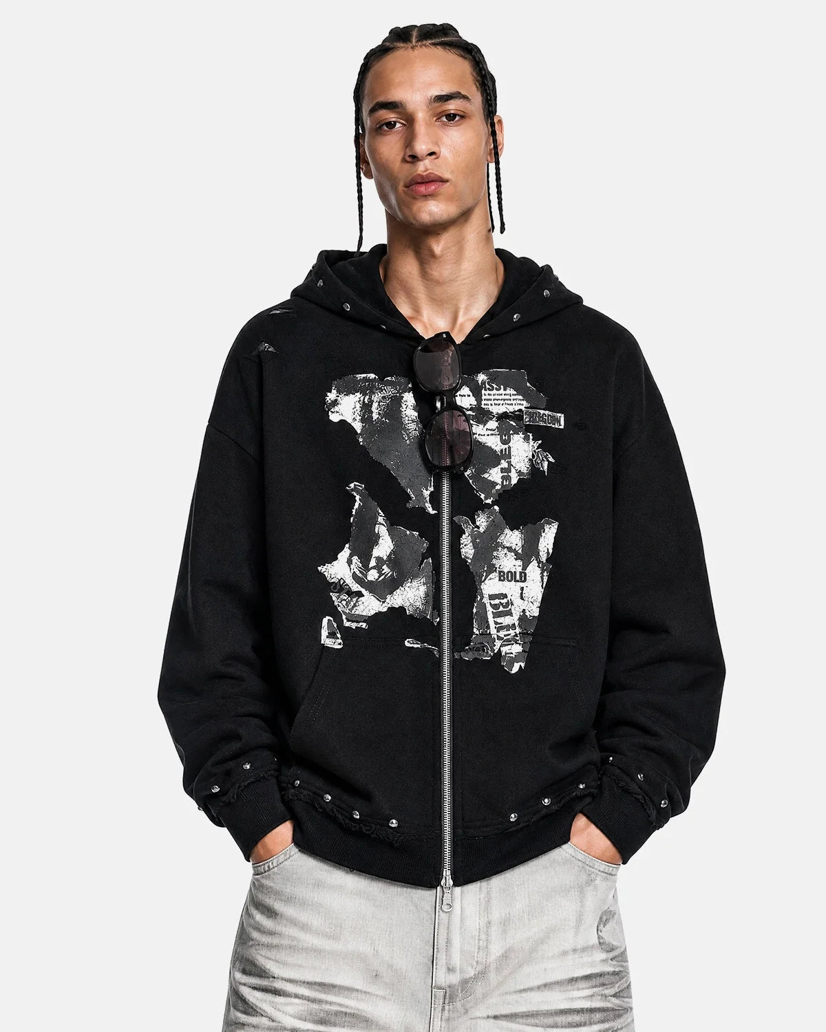 Omygoods Distressed Graphic Rivet Zip Up Hoodie