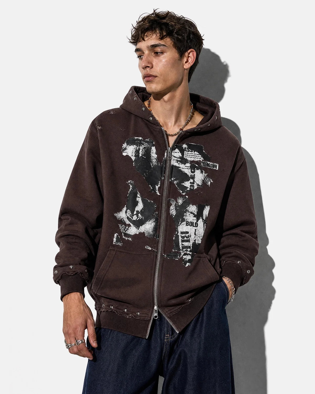 Omygoods Distressed Graphic Rivet Zip Up Hoodie