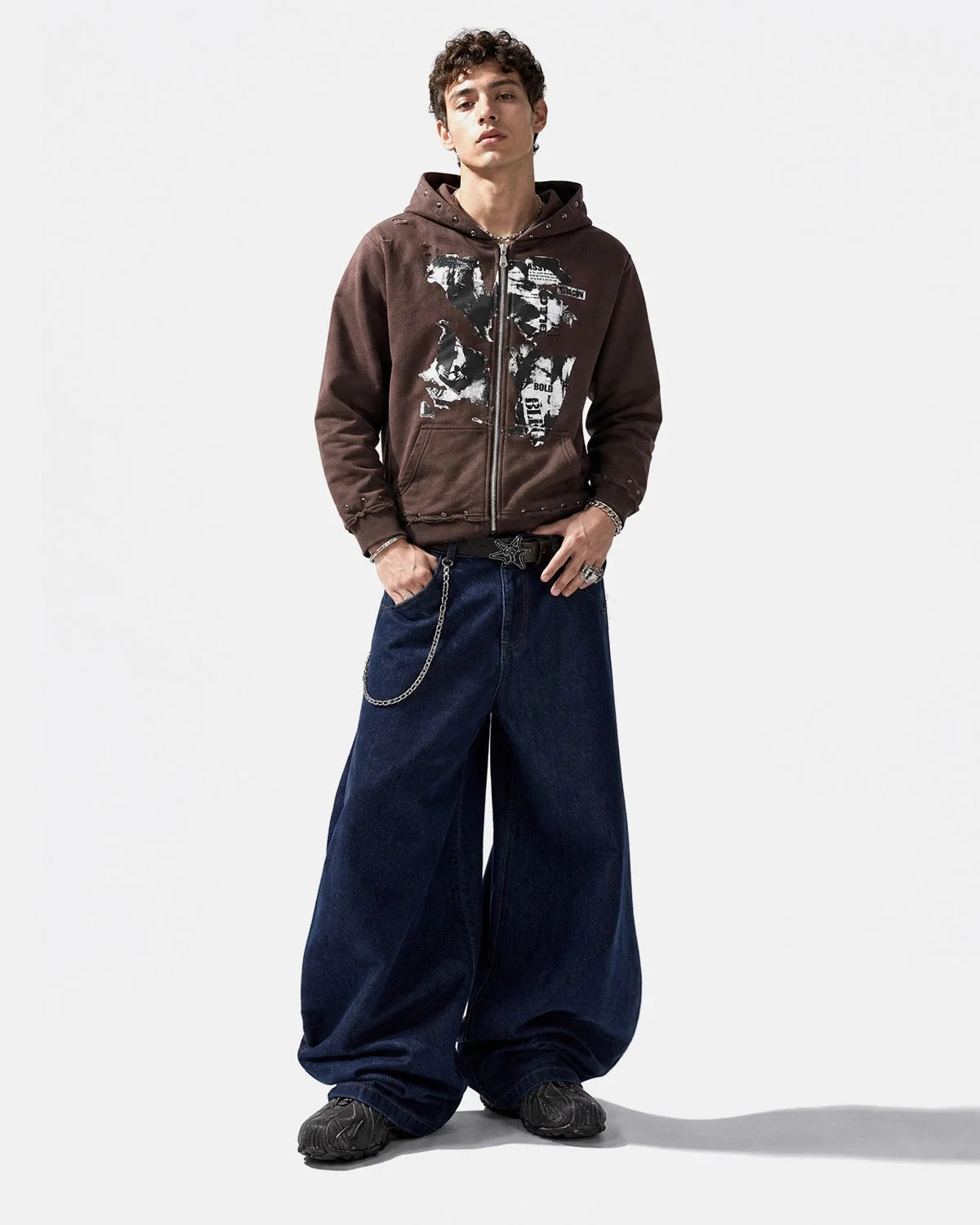 Omygoods Distressed Graphic Rivet Zip Up Hoodie