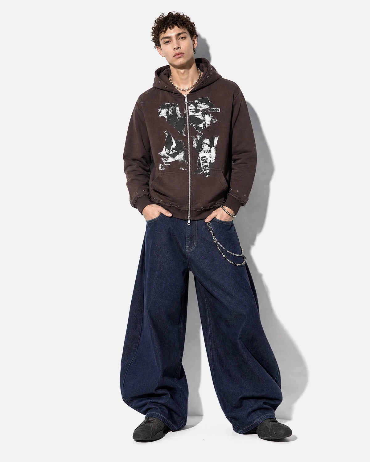 Omygoods Distressed Graphic Rivet Zip Up Hoodie
