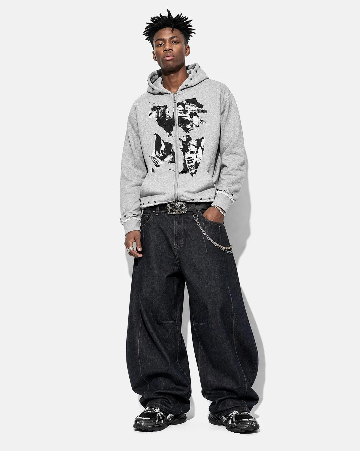 Omygoods Distressed Graphic Rivet Zip Up Hoodie