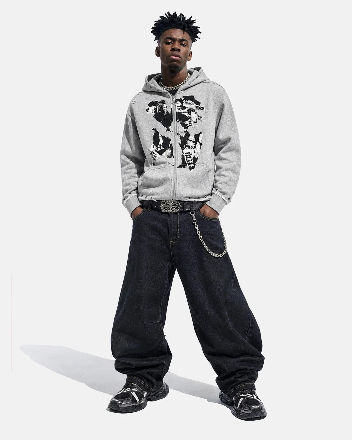 Omygoods Distressed Graphic Rivet Zip Up Hoodie
