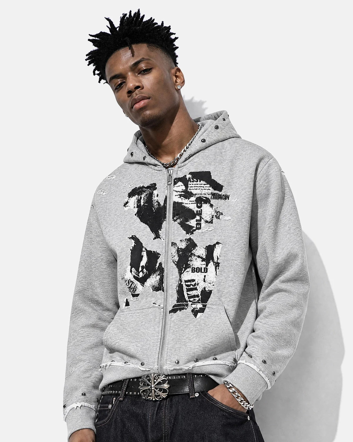 Omygoods Distressed Graphic Rivet Zip Up Hoodie