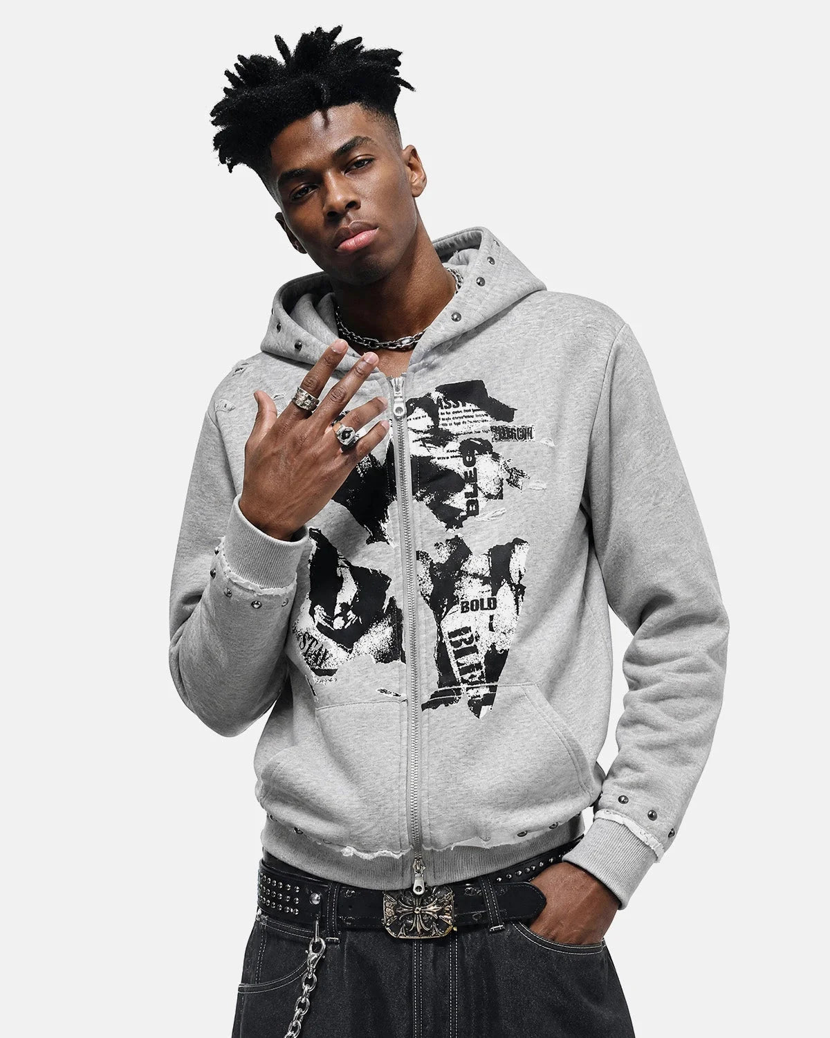 Omygoods Distressed Graphic Rivet Zip Up Hoodie