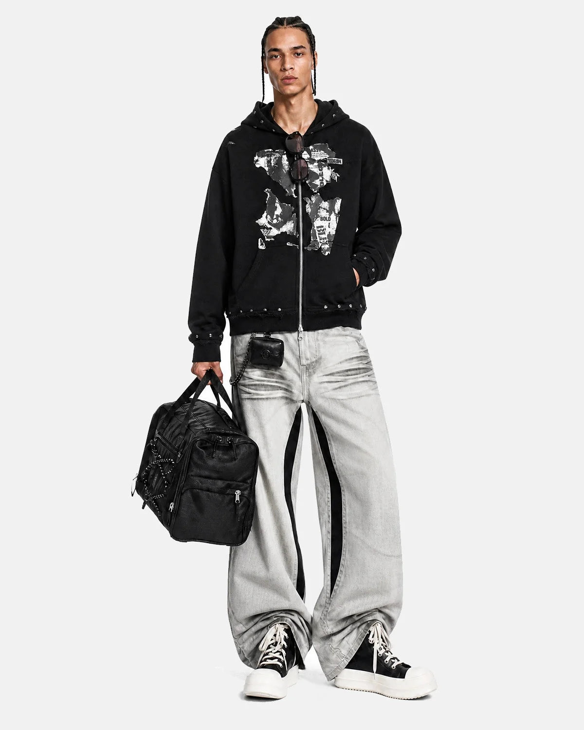 Omygoods Distressed Graphic Rivet Zip Up Hoodie
