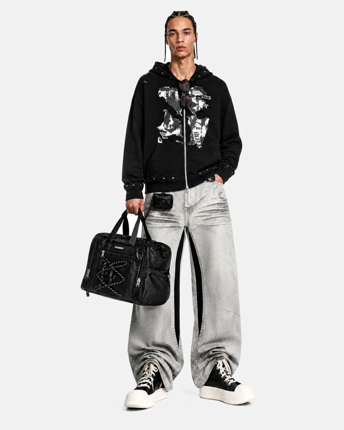 Omygoods Distressed Graphic Rivet Zip Up Hoodie