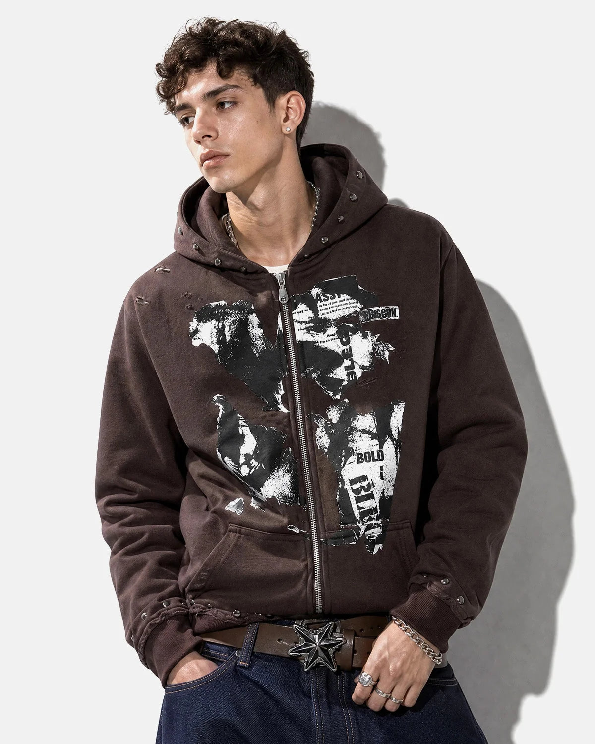 Omygoods Distressed Graphic Rivet Zip Up Hoodie