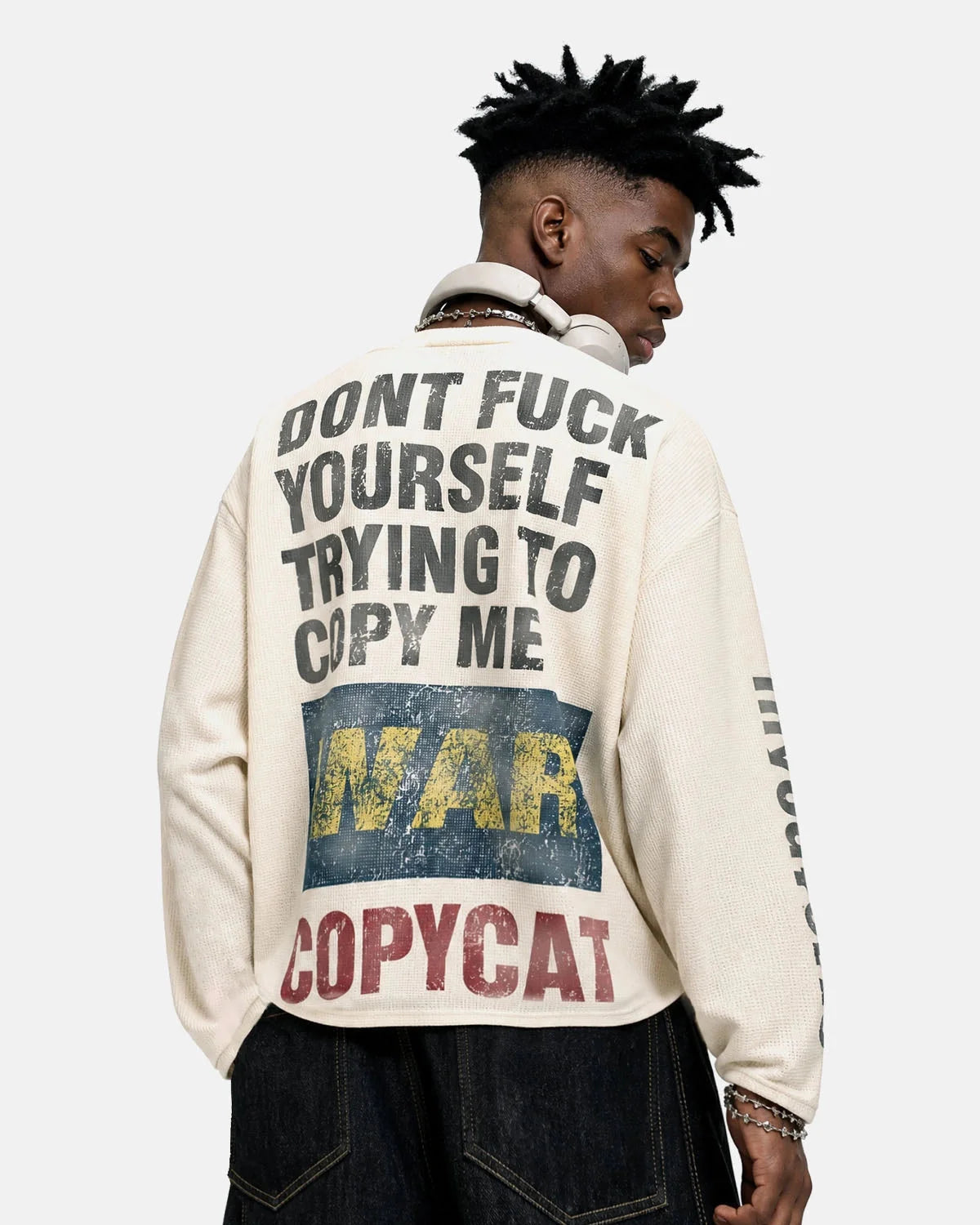 Omygoods Distressed Graphic Waffle T-Shirt