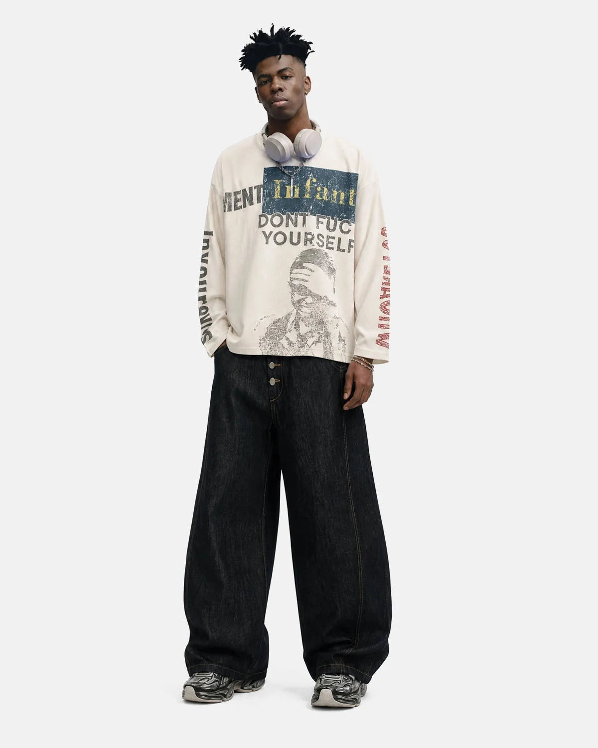 Omygoods Distressed Graphic Waffle T-Shirt