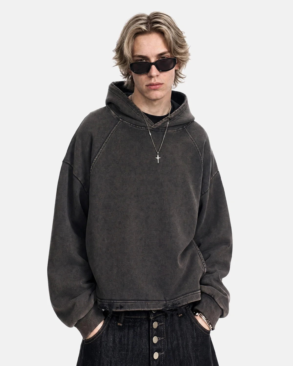 Omygoods Distressed Hem Boxy Hoodie