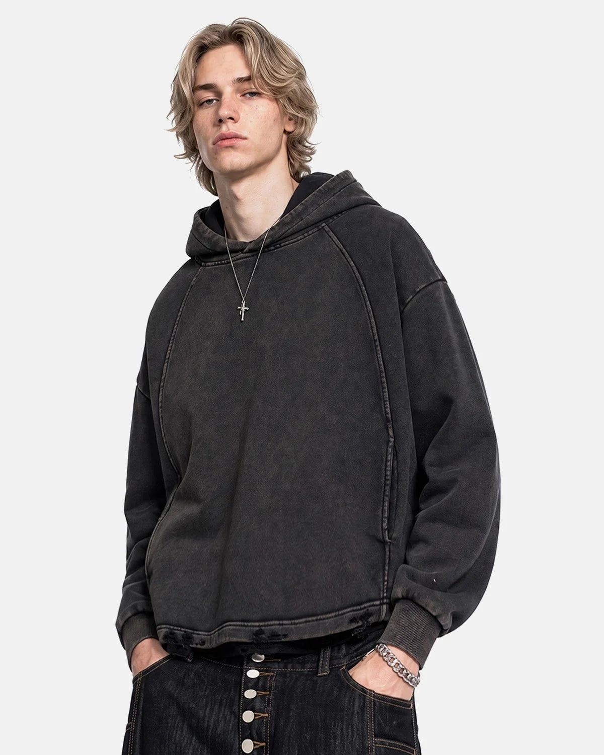 Omygoods Distressed Hem Boxy Hoodie
