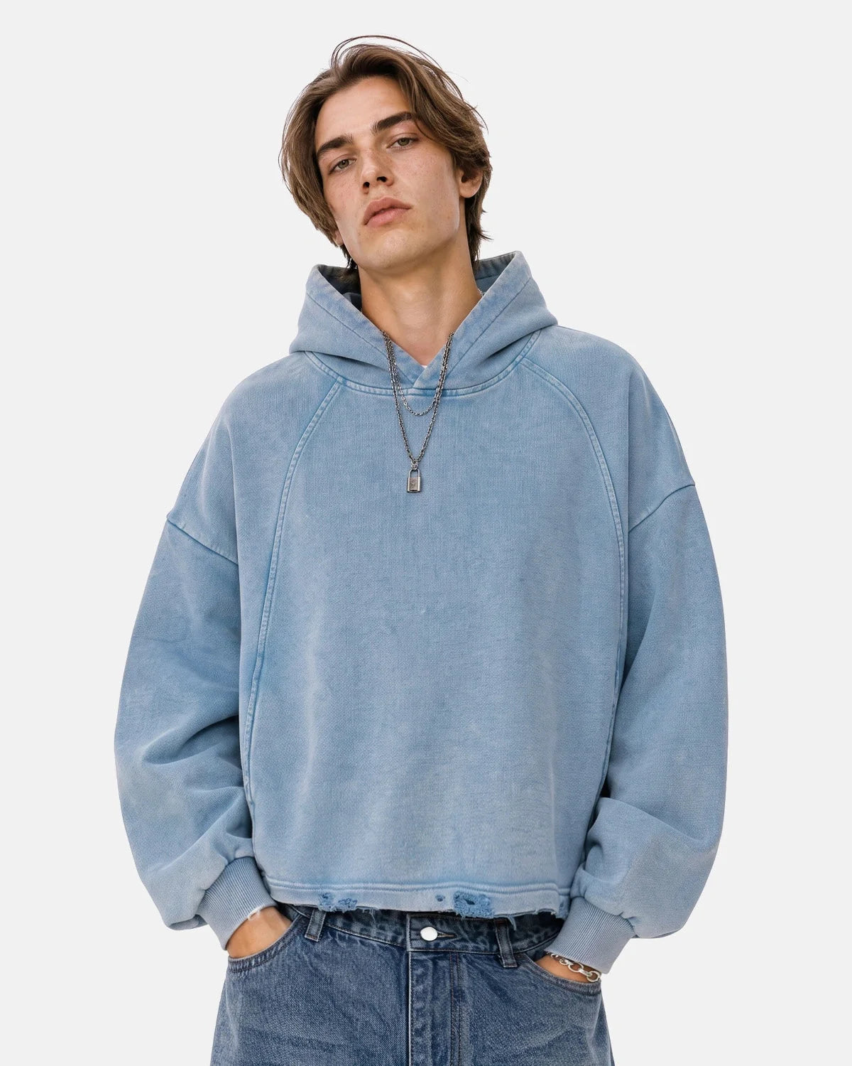 Omygoods Distressed Hem Boxy Hoodie
