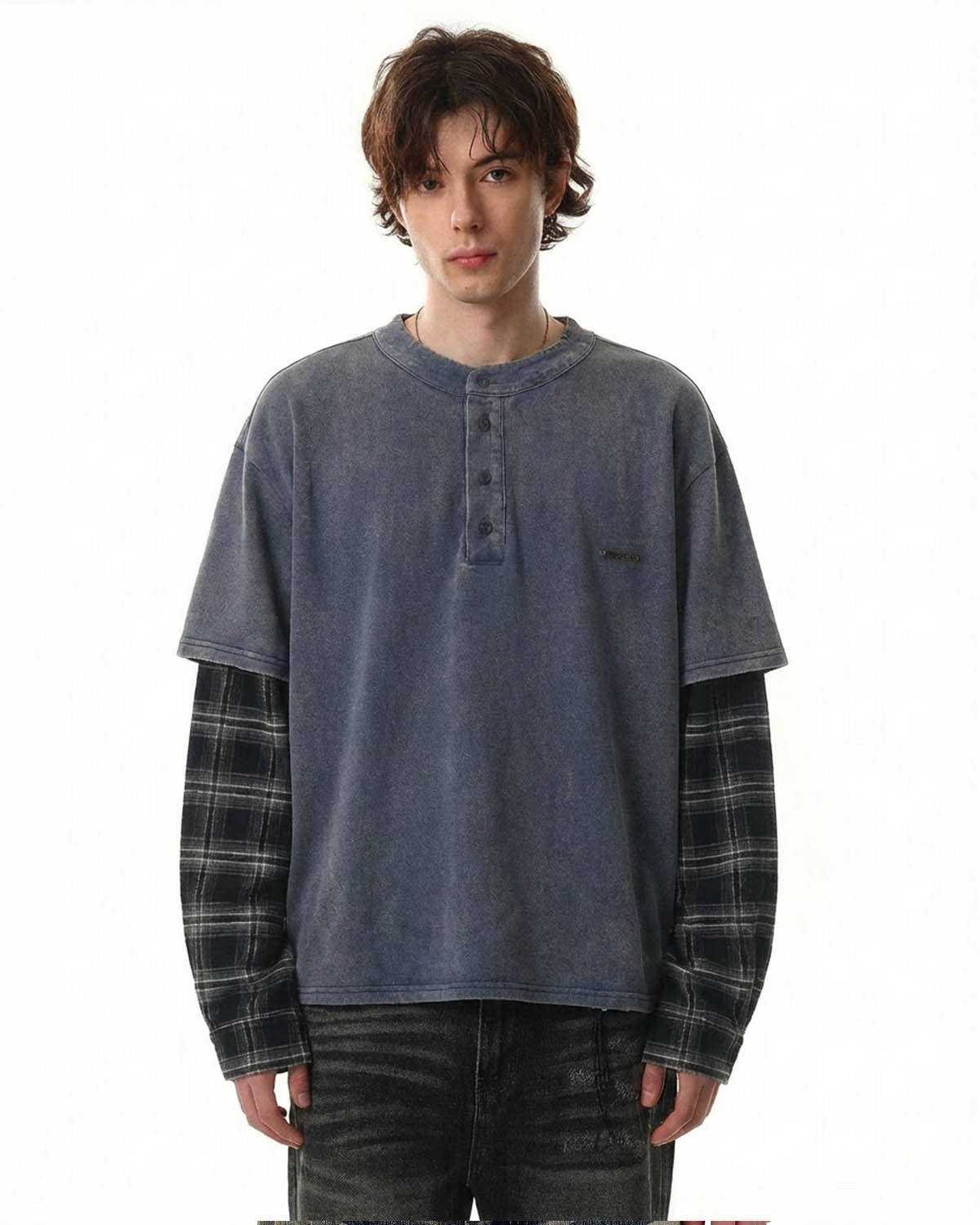 Omygoods Distressed Plaid Layered Long Sleeve Tee