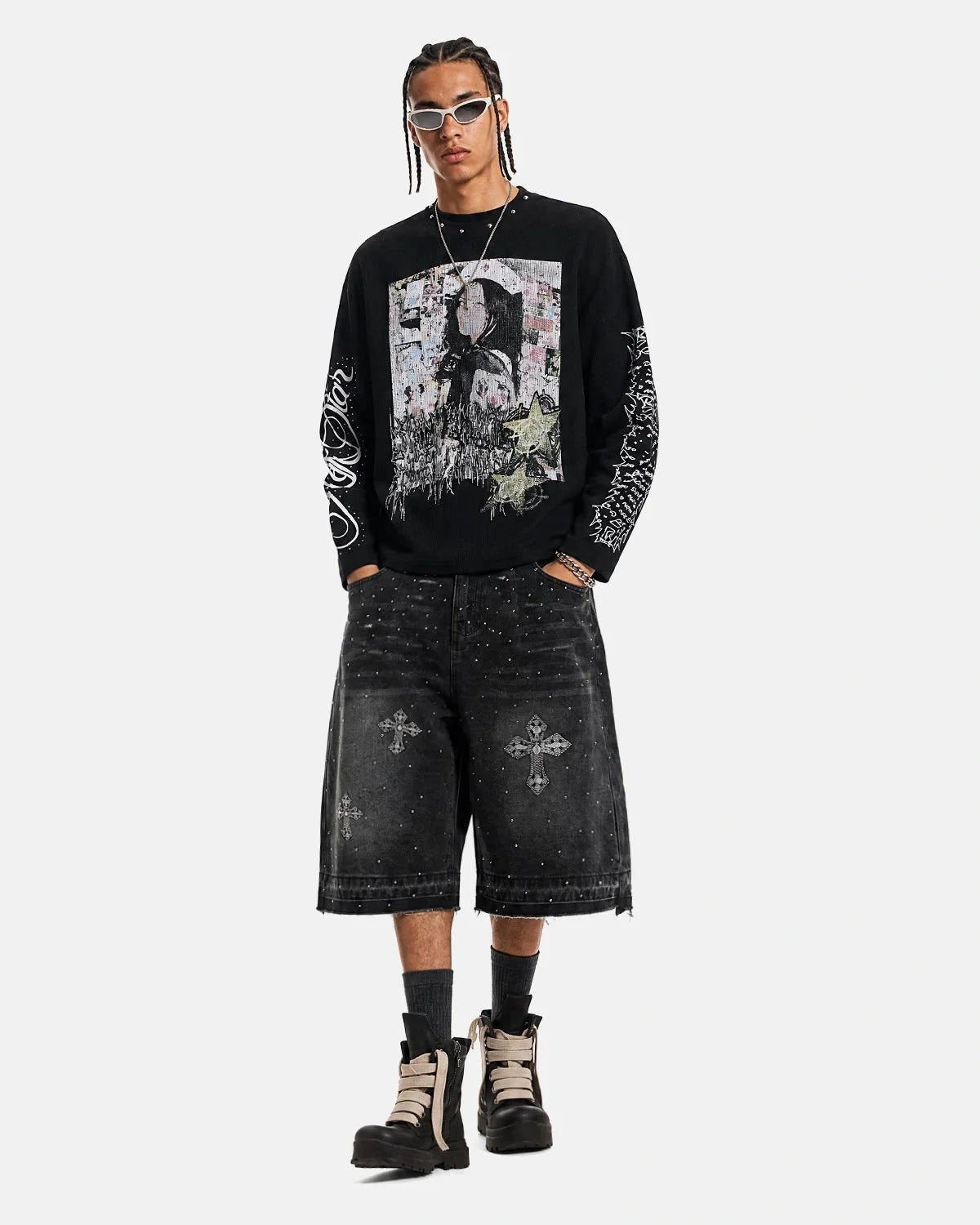 Omygoods Distressed Portrait Waffle Knit Graphic Tee