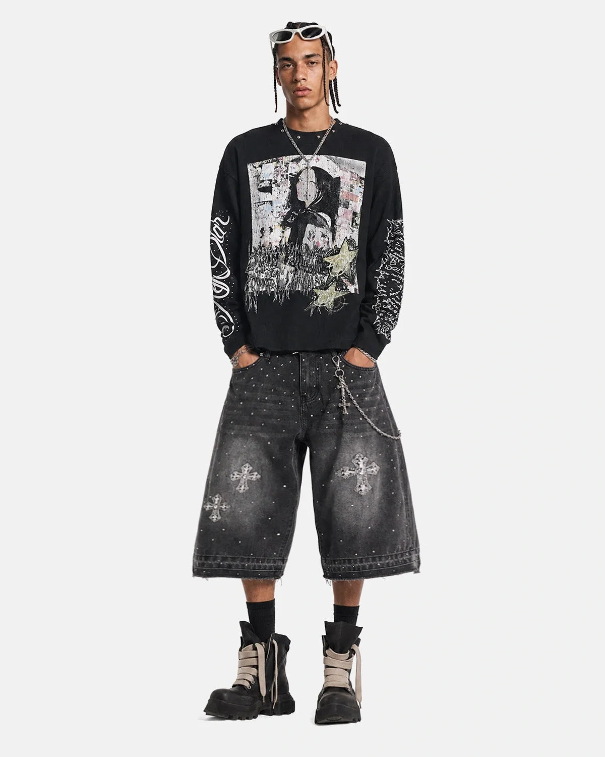 Omygoods Distressed Portrait Waffle Knit Graphic Tee