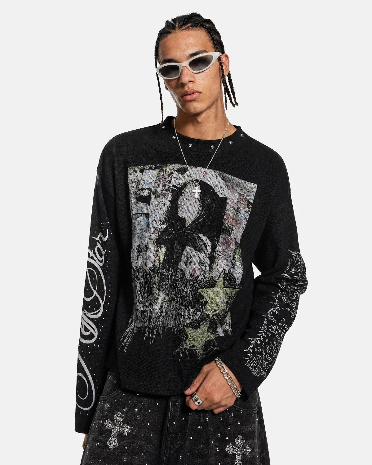 Omygoods Distressed Portrait Waffle Knit Graphic Tee