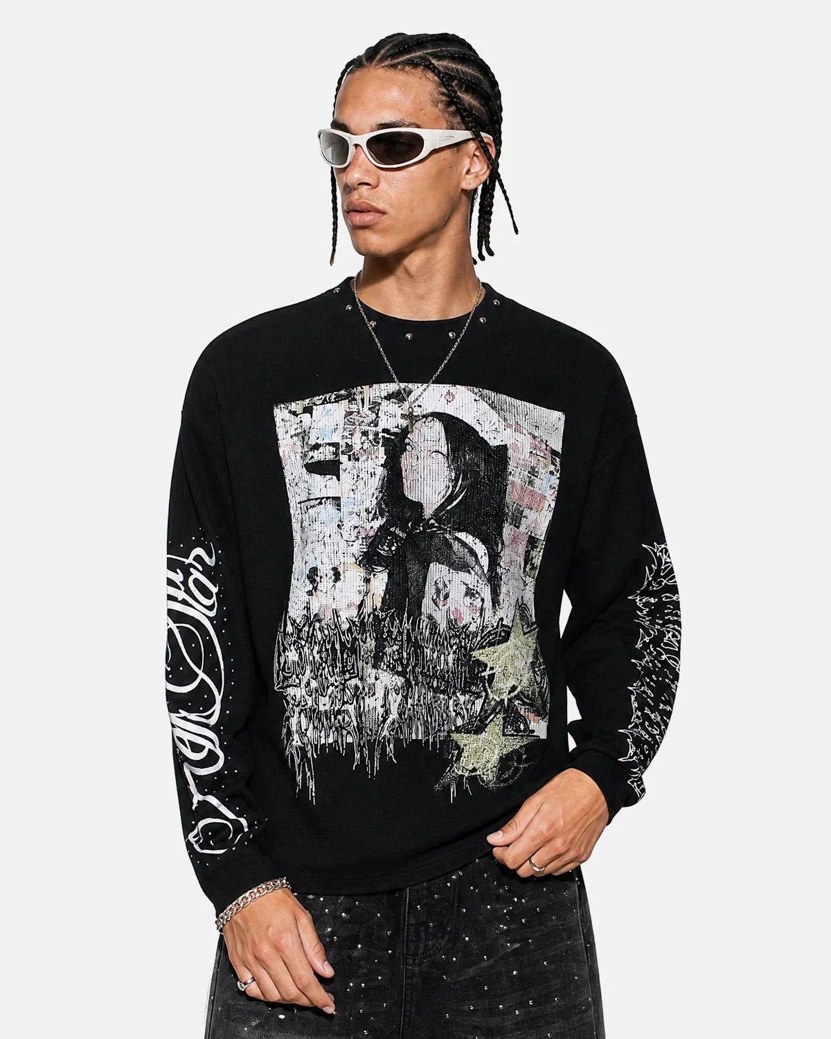 Omygoods Distressed Portrait Waffle Knit Graphic Tee