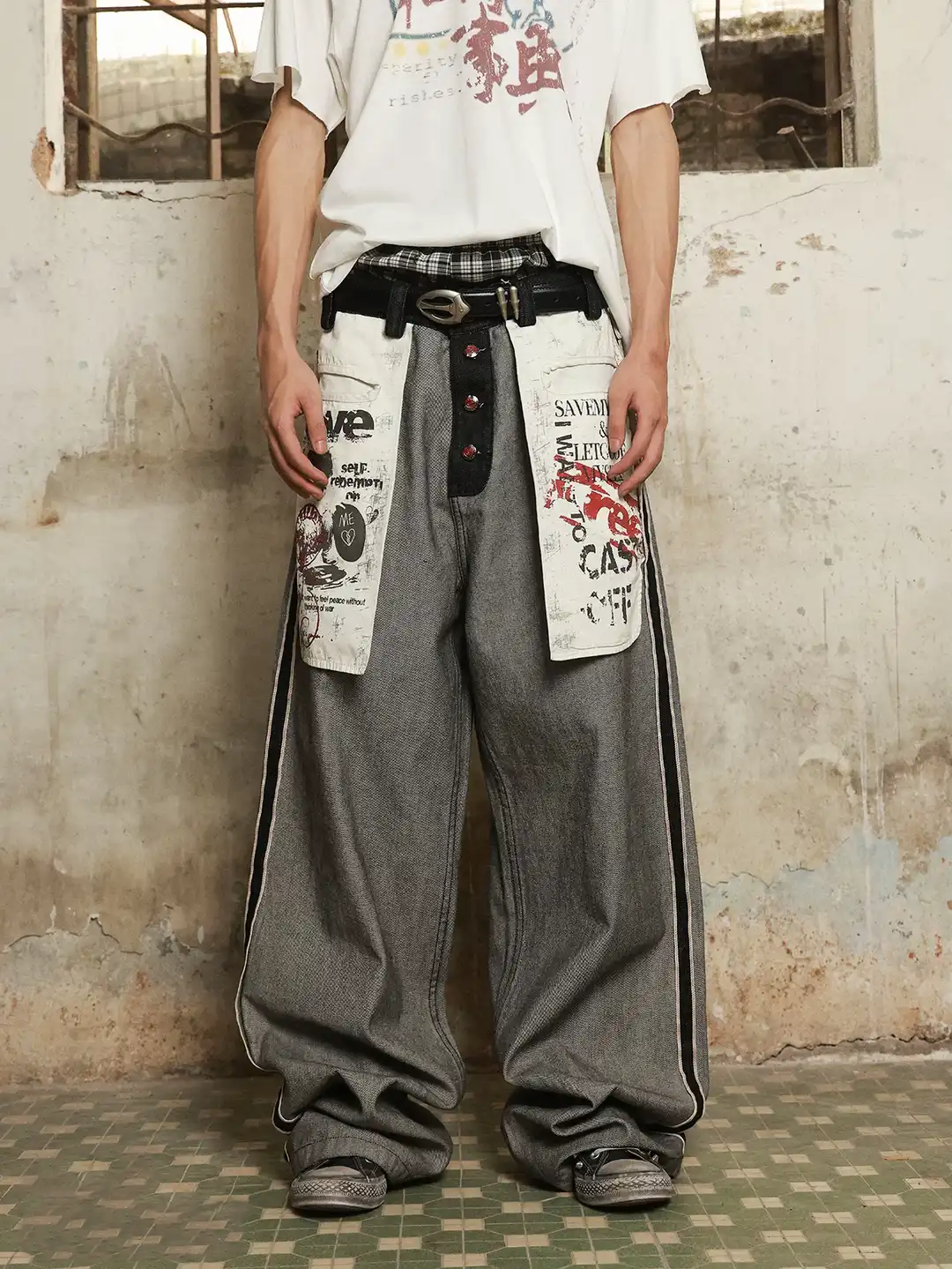 Omygoods Distressed Reverse Design Baggy Jeans