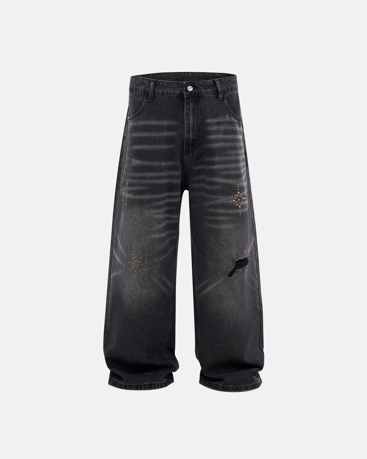 Omygoods Distressed Rhinestone Ripped Baggy Jeans