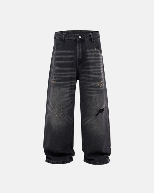 Omygoods Distressed Rhinestone Ripped Baggy Jeans