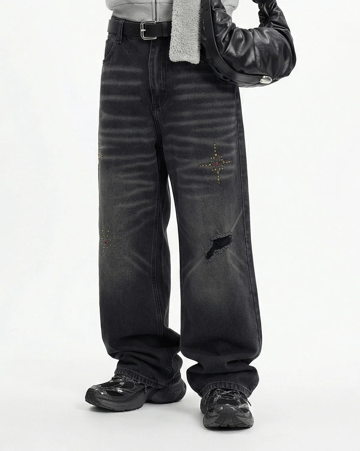 Omygoods Distressed Rhinestone Ripped Baggy Jeans