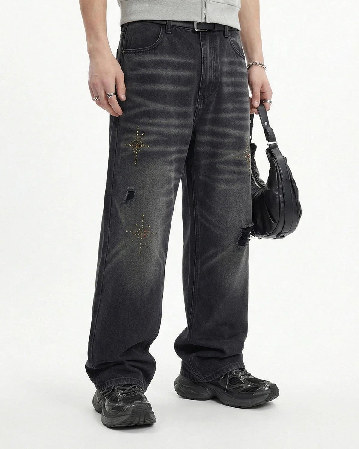 Omygoods Distressed Rhinestone Ripped Baggy Jeans