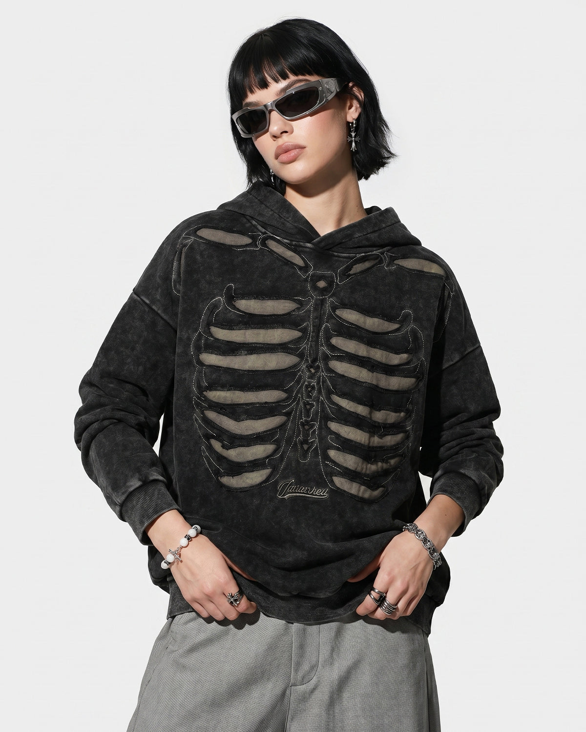 Omygoods Distressed Ribcage Wash Hoodie