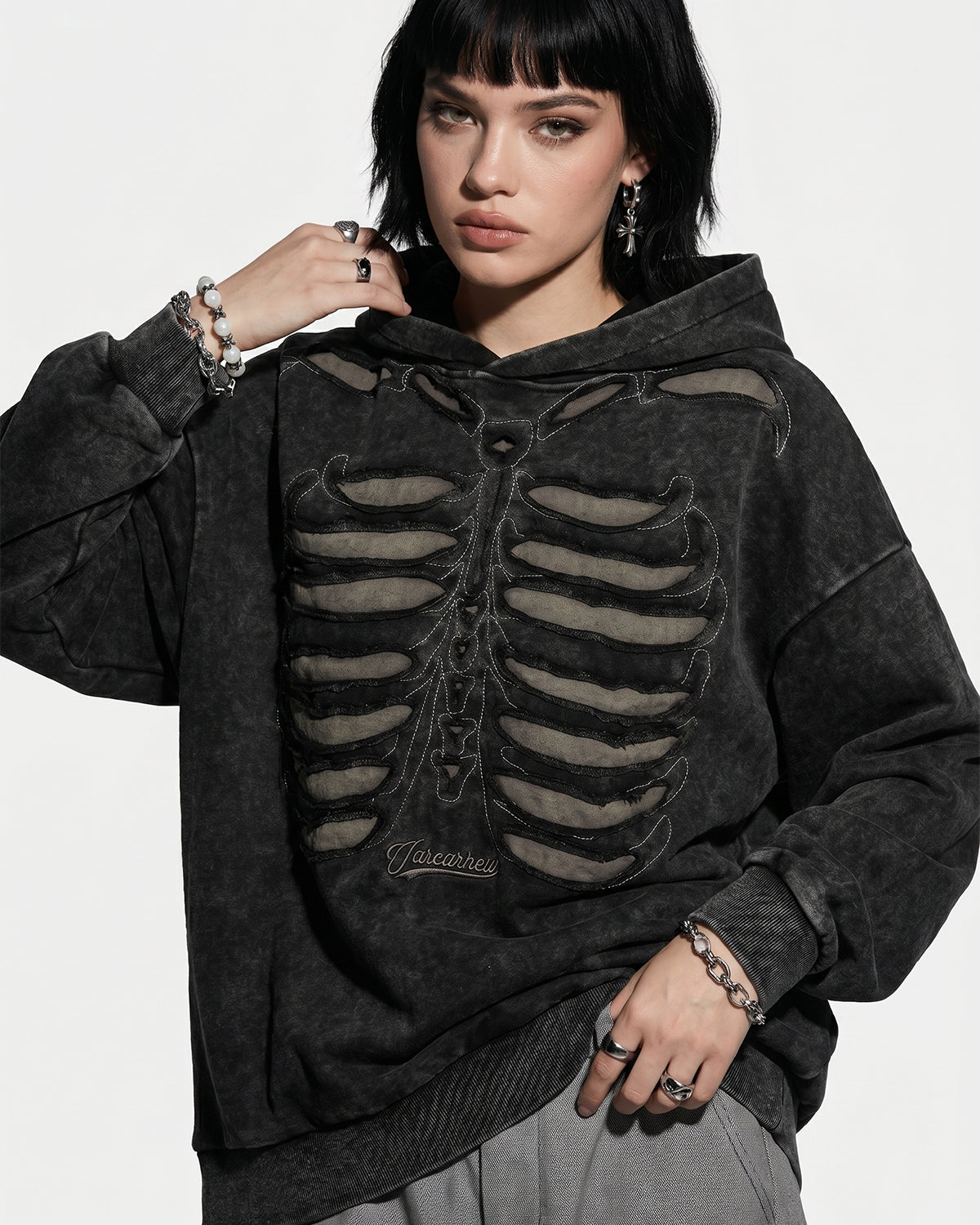 Omygoods Distressed Ribcage Wash Hoodie