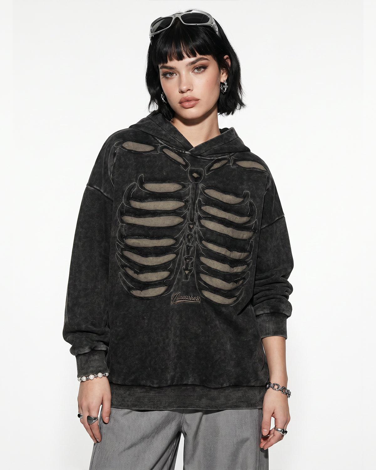 Omygoods Distressed Ribcage Wash Hoodie