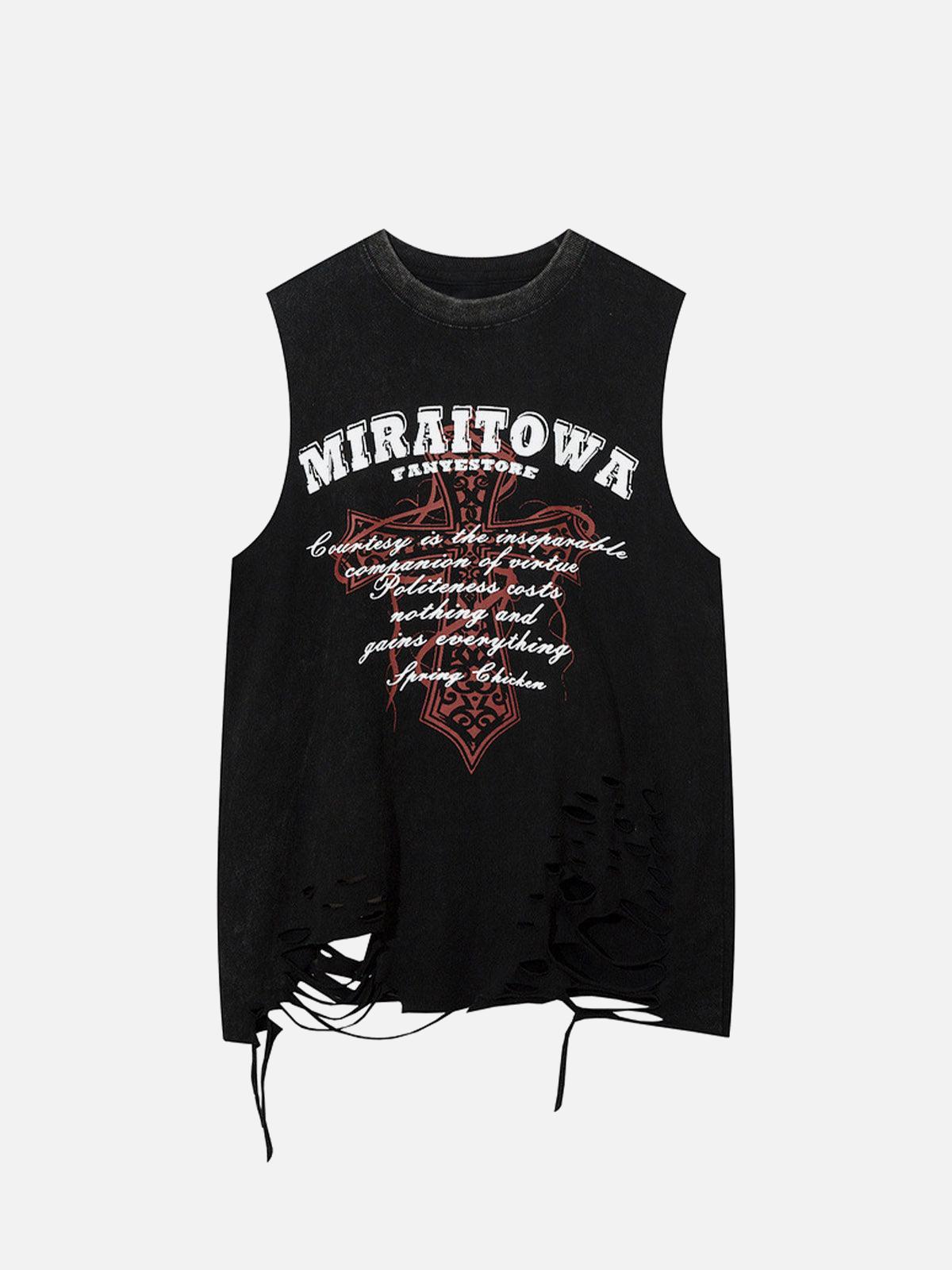 Omygoods Distressed Ripped Graphic Cross Print Vest