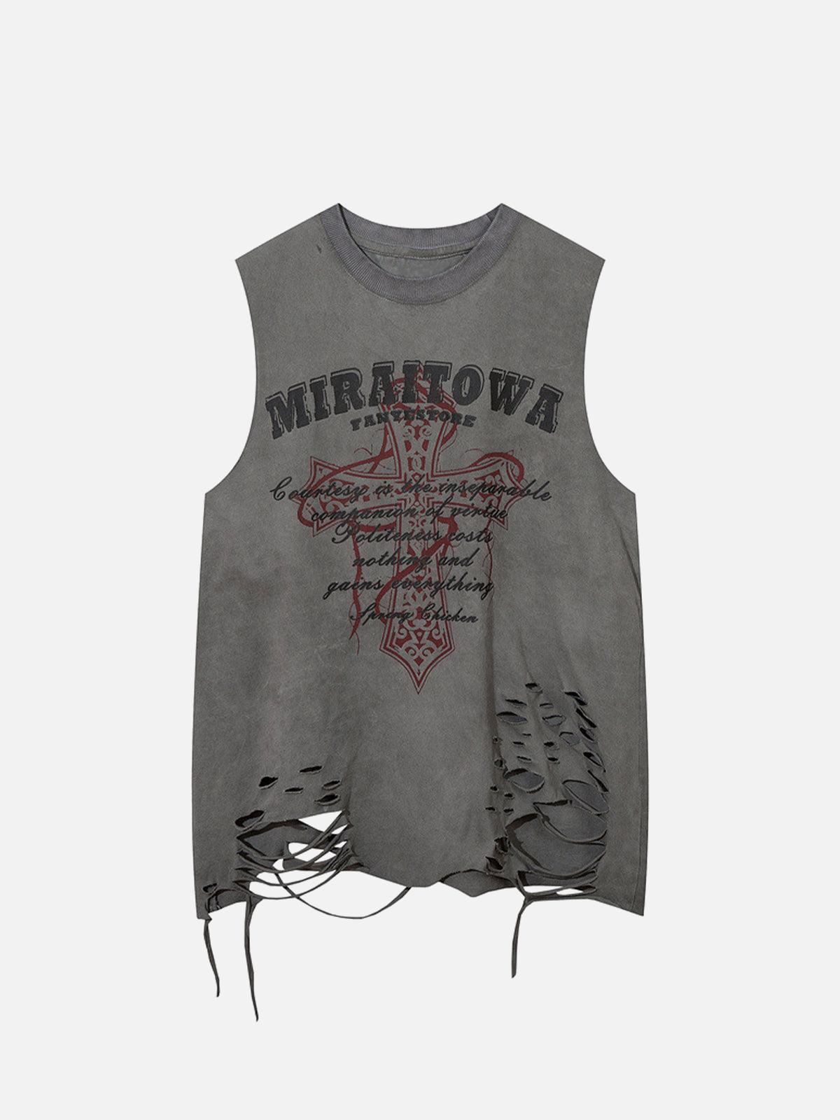 Omygoods Distressed Ripped Graphic Cross Print Vest