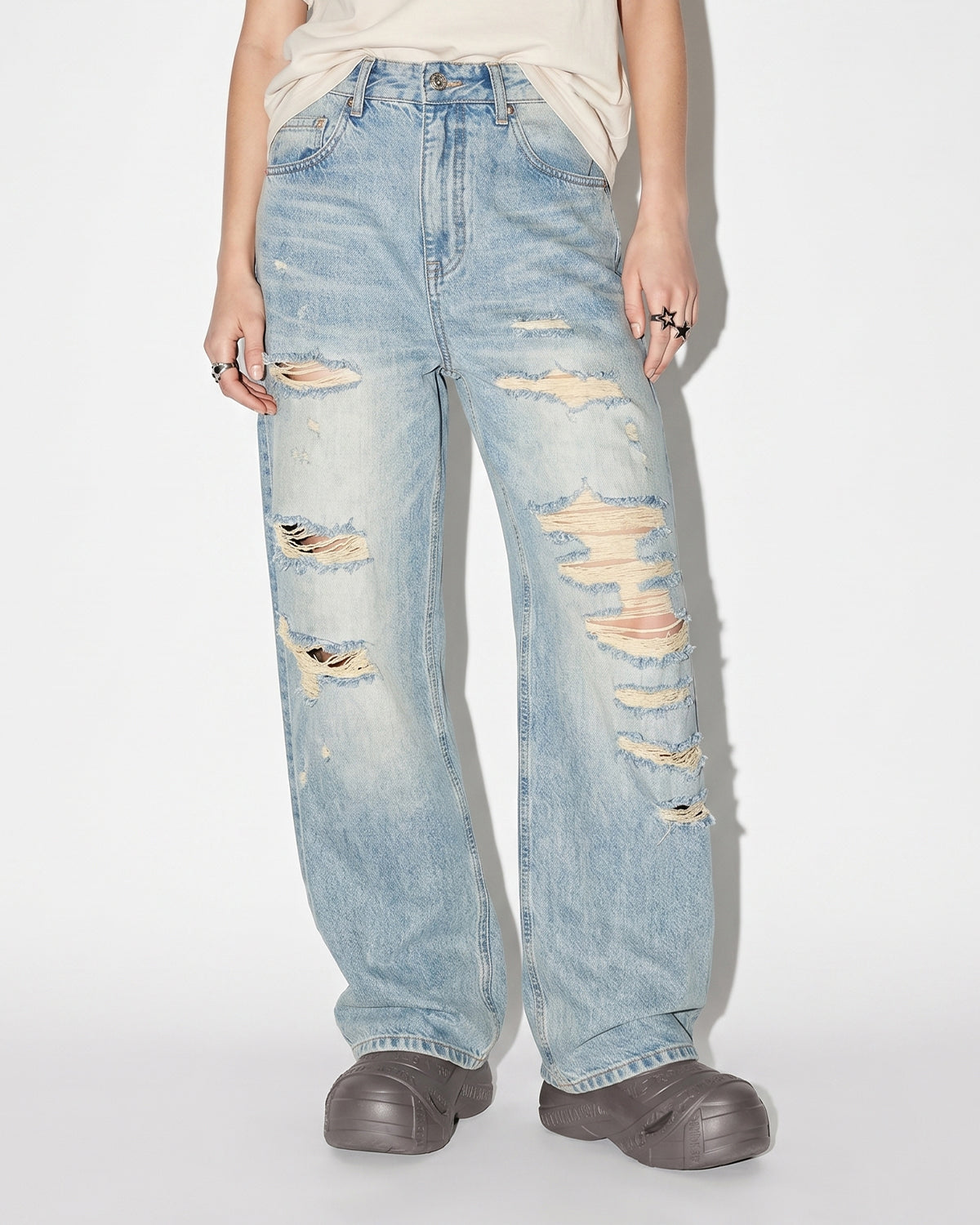 Omygoods Distressed Ripped Straight-Leg Jeans