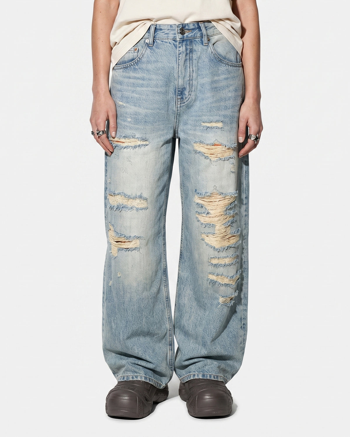 Omygoods Distressed Ripped Straight-Leg Jeans