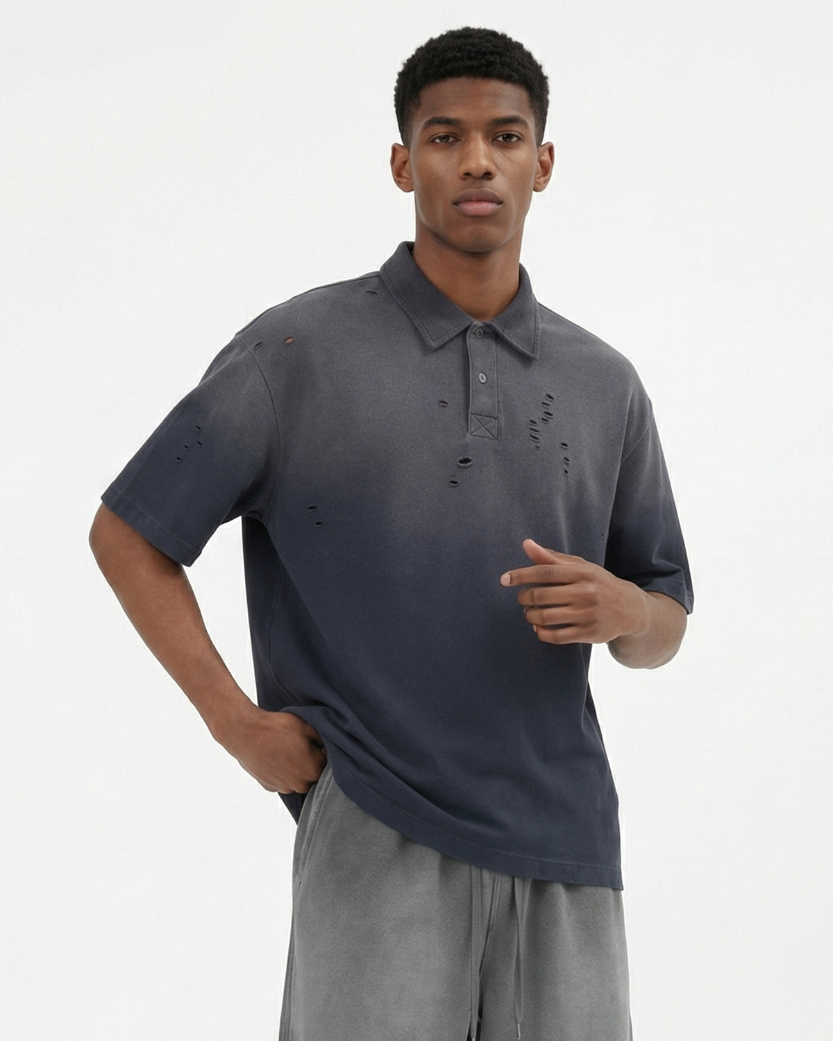 Omygoods Distressed Ripped Washed Polo Shirt