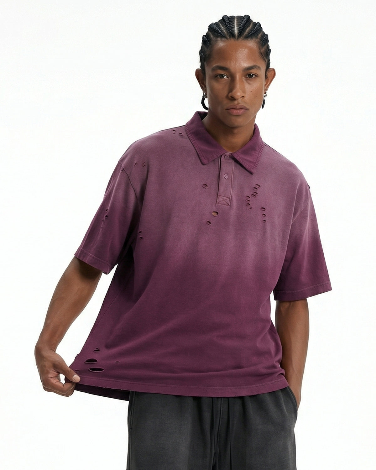 Omygoods Distressed Ripped Washed Polo Shirt