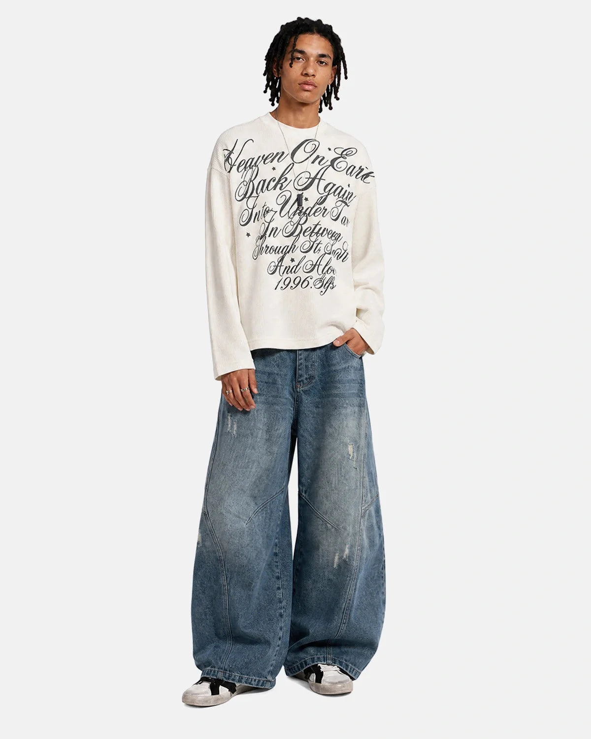 Omygoods Distressed Script Graphic Waffle Long Sleeve Shirt