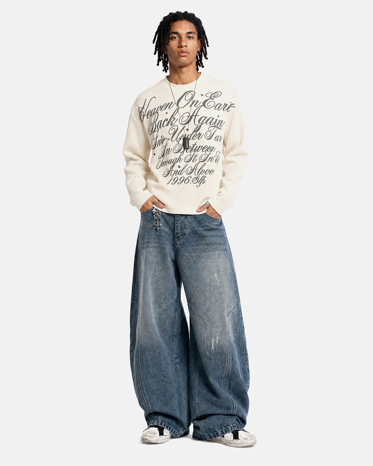 Omygoods Distressed Script Graphic Waffle Long Sleeve Shirt