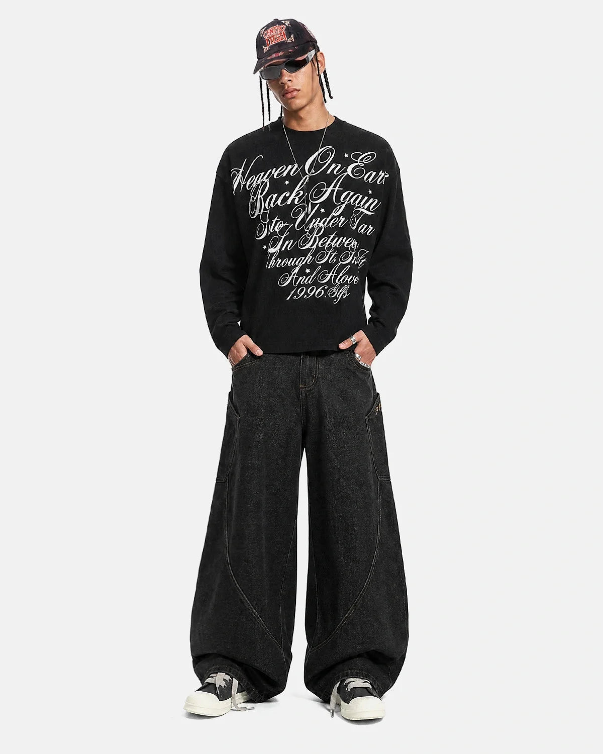 Omygoods Distressed Script Graphic Waffle Long Sleeve Shirt