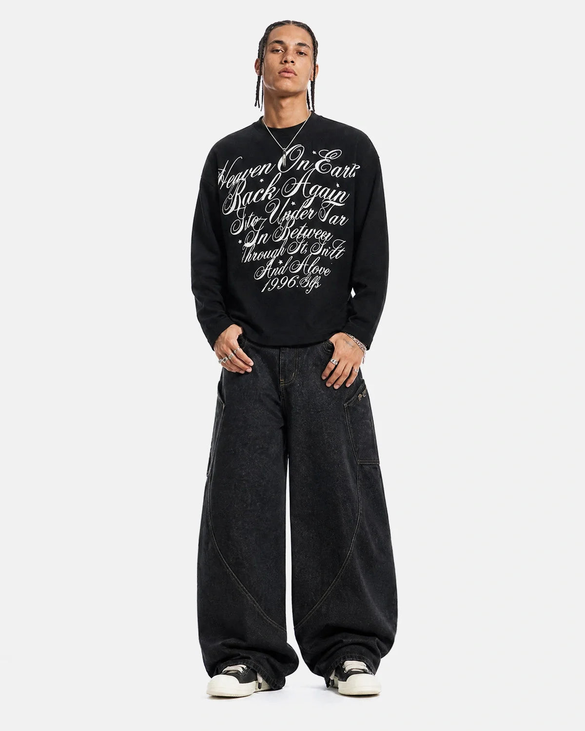 Omygoods Distressed Script Graphic Waffle Long Sleeve Shirt