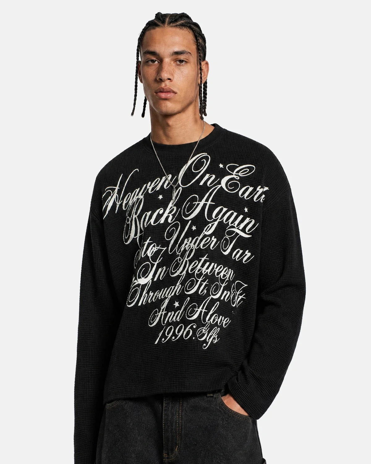 Omygoods Distressed Script Graphic Waffle Long Sleeve Shirt
