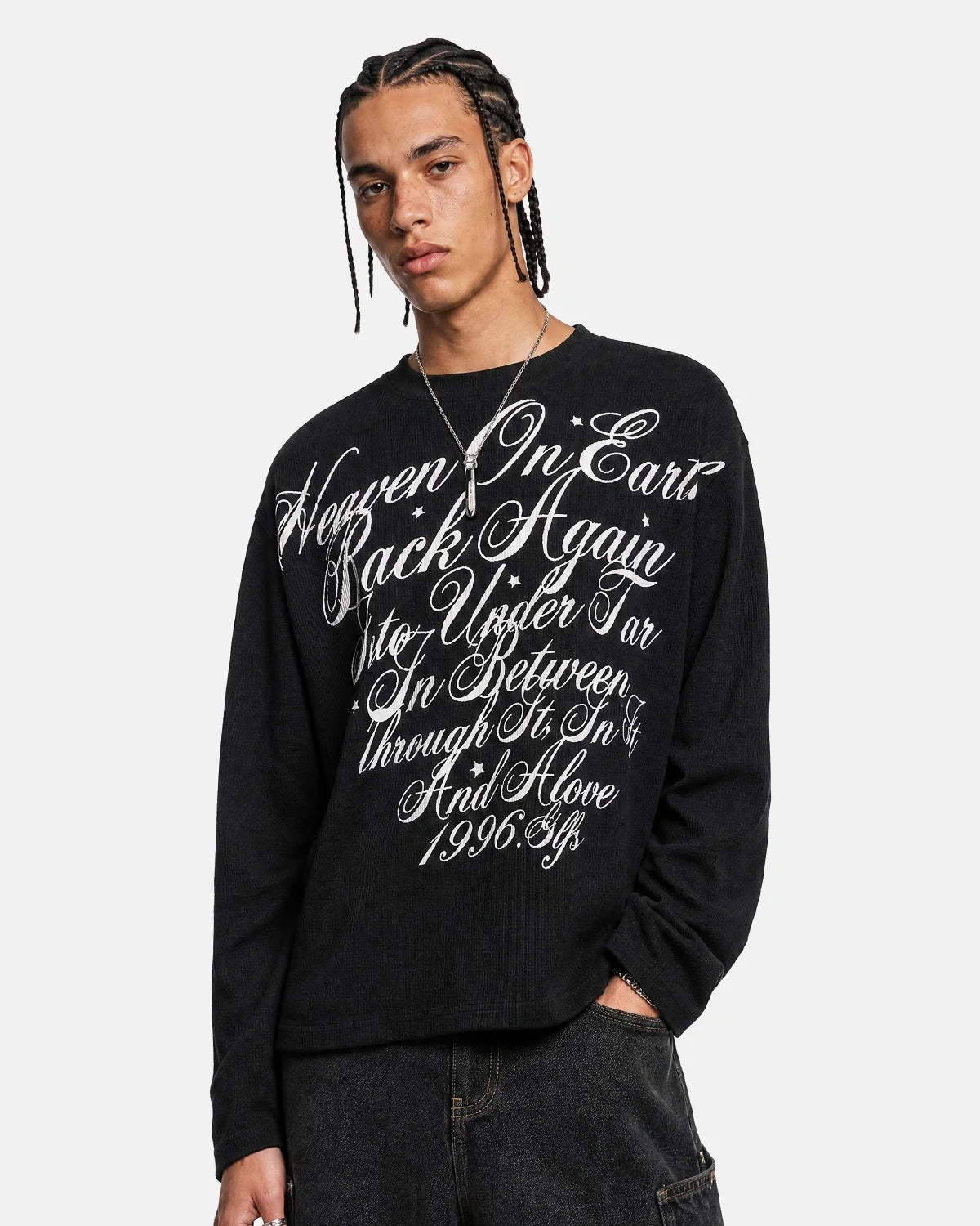 Omygoods Distressed Script Graphic Waffle Long Sleeve Shirt